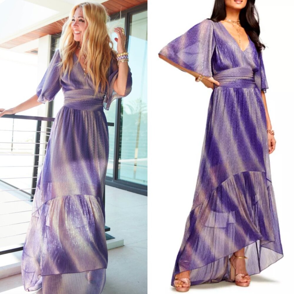 ☀️ RAMY BROOK Alex Maxi Dress Purple Shimmer Summer 2022 Pale Lavender V Neck XS